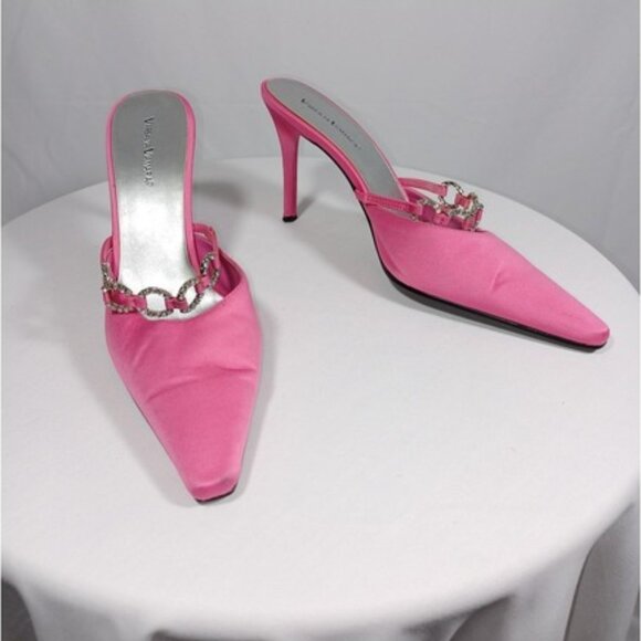 Varsavia Viamara Shoes Womens Size 8.5 Fuchsia Pink Satin Mule Heels Rhinestone - Picture 1 of 10